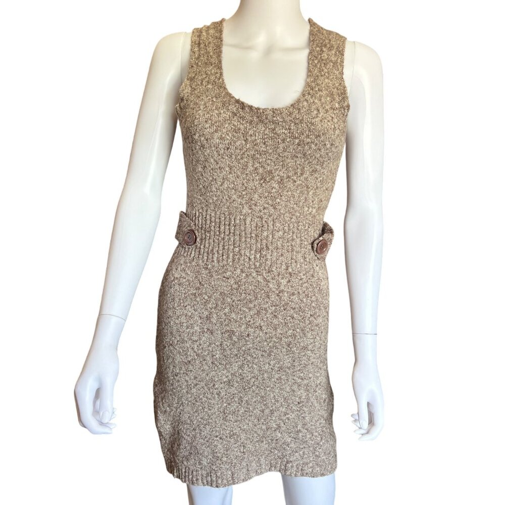 Knit Sleeveless Sweater Dress w/ Button Accents Beige Textured Womens Sz Large